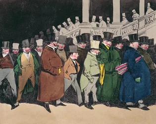 Forlater kontoret klokken 4, ca. 1830 (fargegravering)